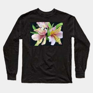 Pink and Yellow Alstroemeria Lilies watercolor painting Long Sleeve T-Shirt